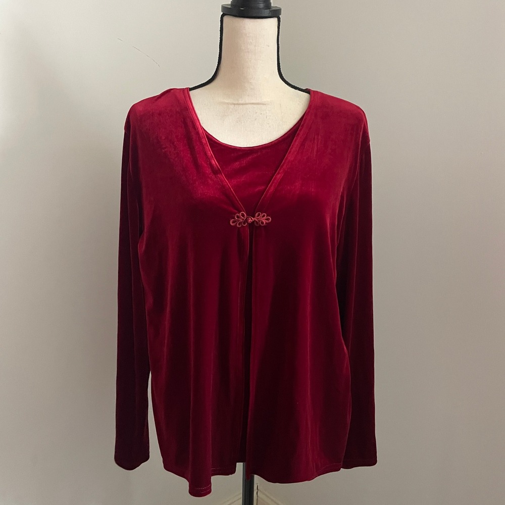 Red Velvet Vintage 80s Top sz Large Jewel Tone Soft Goth Vamp Long Sleeve Shirt